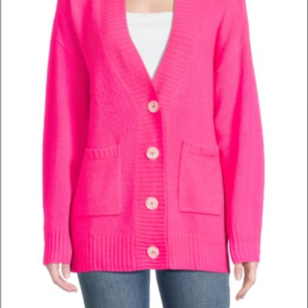 Women's FILORO Emma 100% Cashmere Boyfriend Cardigan Sweater in Neon Pink